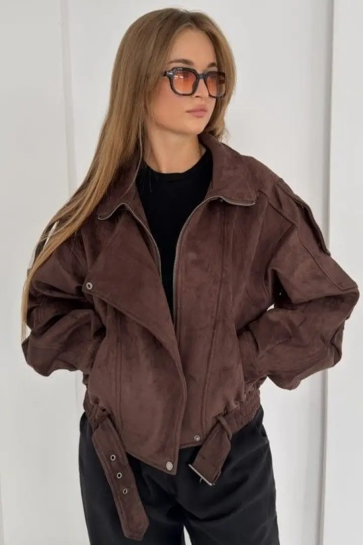 Коричневая замшевая куртка женская  LEG-328A1450