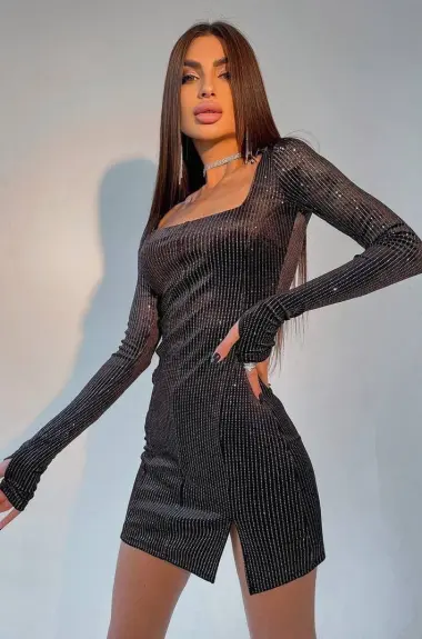 Бархатное платье с камнями NJ-LZ-N1077A399 Бархатное платье с камнями NJ-LZ-N1077A399